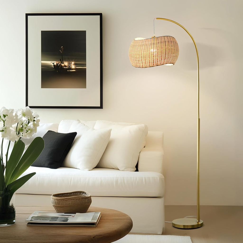 Wave Arc Floor Lamp - Chic Standing Lamp with Unique Hanging Wicker Pendant Shade, Boho Rattan Natural Decor Lamp