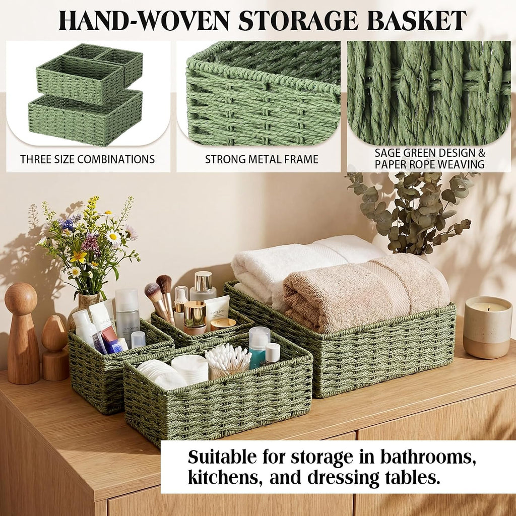 Sage Green Storage Baskets Set 4 Pack Rustic Paper Rope Woven Decorative Basket Organizer in 3 Size Storage Bin Box
