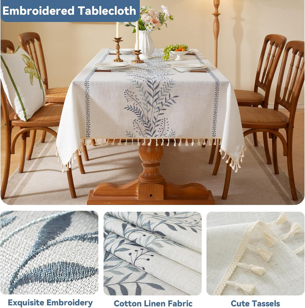 Spring Table Cloth Rectangle Table, Embroidery Heavy Duty Cotton Linen Tablecloth, Farmhouse Rustic Waterproof Wrinkle