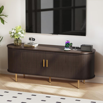 55 Inch Mid Century Modern TV Stand with Power Outlet for TVs up to 60 Inch, Entertainment Center with Storage and Adjustable Shelves, Media Console with Sliding Doors for Living Room(Dark Walnut)