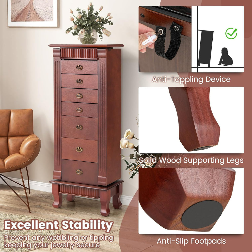 Jewelry Armoire, Wooden Jewelry Chest Storage Cabinet w/7 Drawers & 2 Swing Doors, 12 Necklace Hooks, Makeup Mirror &