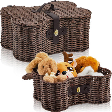 2 Set Large Small Dog Toy Basket with Lid Bone Shaped Basket for Dog Natural Wicker Woven Handmade Pet Puppy Toy