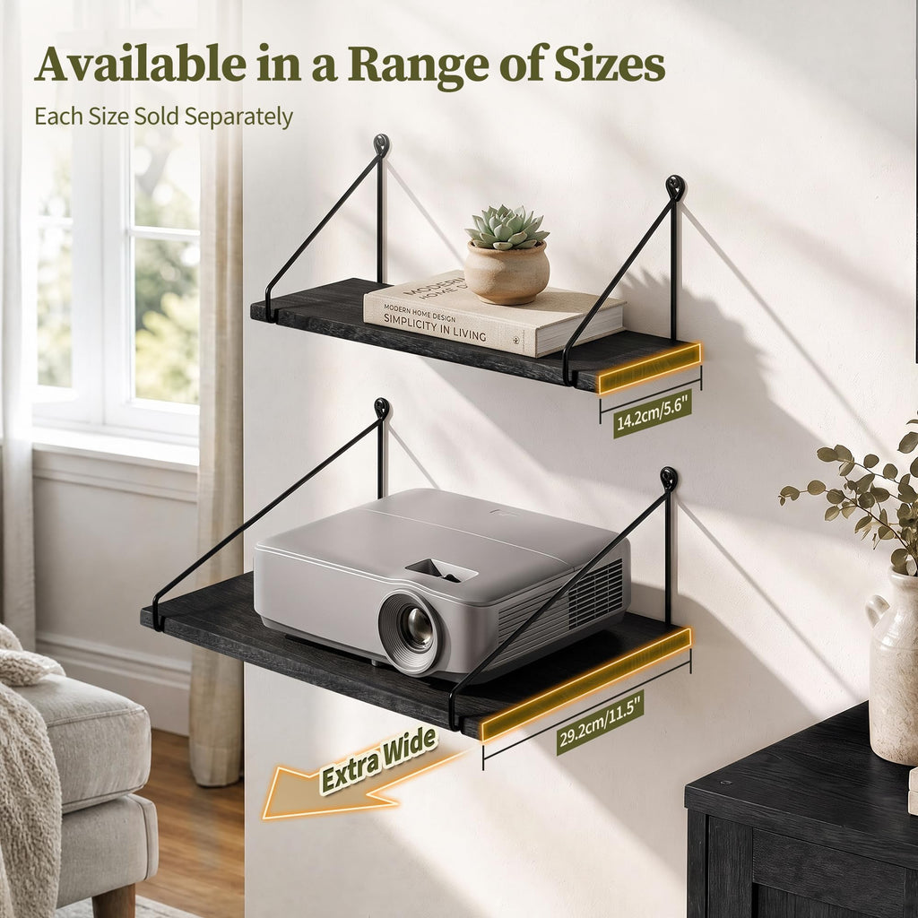 12 inch Deep Floating Shelves for Wall, Black Wide Shelf, Solid Wood