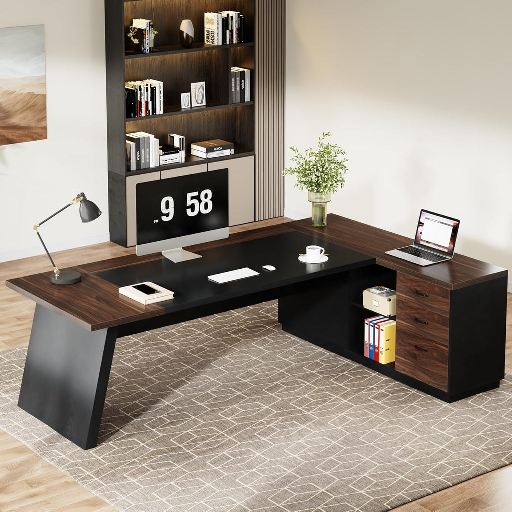 78" L-Shaped Executive Desk, Large Office Desk with Drawers and File Cabinet, Modern Business Furniture (Walnut & Black)