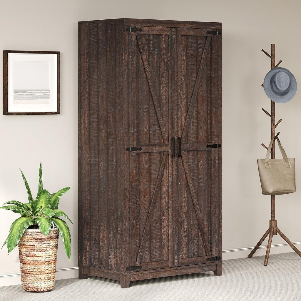 70" Large Farmhouse Wardrobe Closet with Hanging Rod & Barn Doors | Wooden Bedroom Armoires with Shelf, Organized