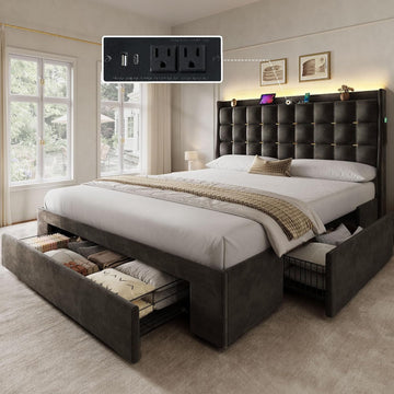 Queen Bed Frame with 3 Storage Drawers and RGB LED Lights