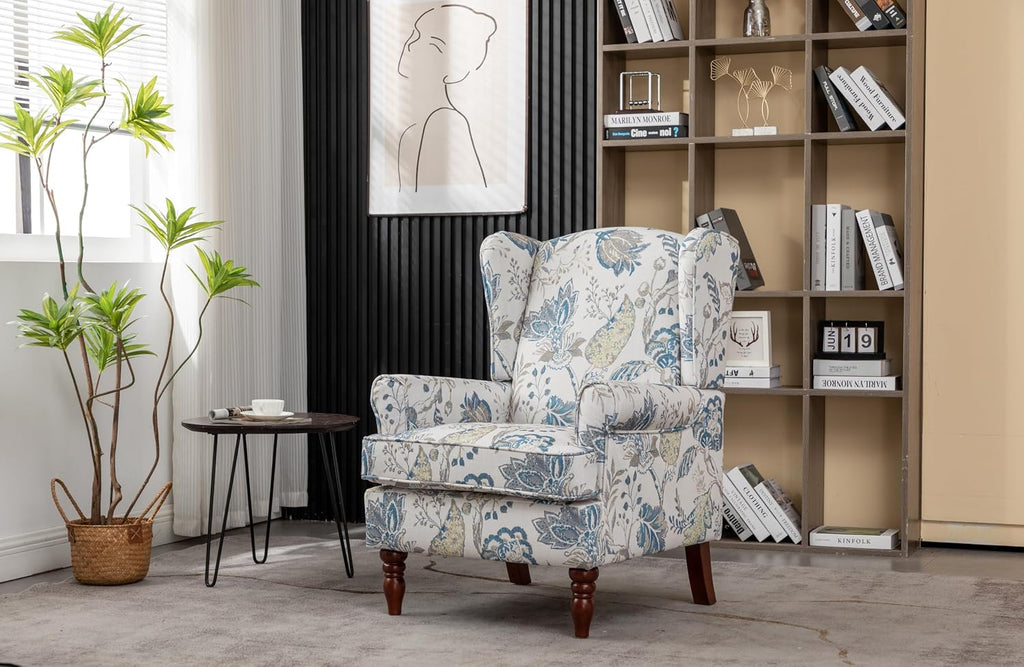 Modern Wingback Accent Chair with Solid Wood Legs and Cushion, Comfy Upholstered Floral Pattern Armchair, Retro