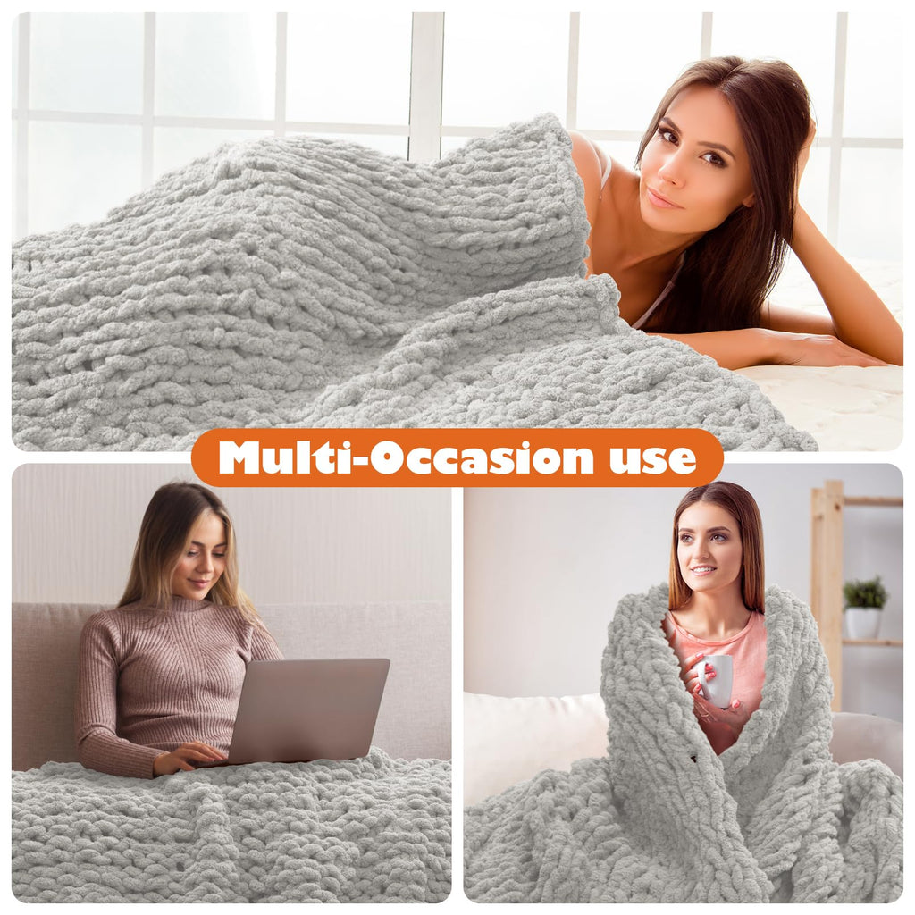 Chunky Knit Blanket Throw, 50x60inch Soft Chenille Yarn Throw, Handmade Warm Thick Cable Knit Crochet Blanket, Large