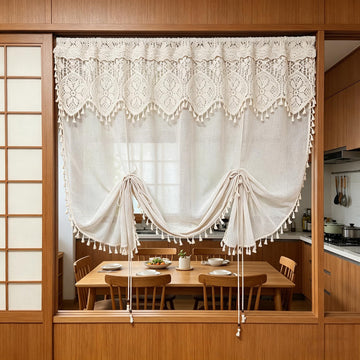 Boho Crochet Lace Tie Up Sheer Curtain Valance Windows