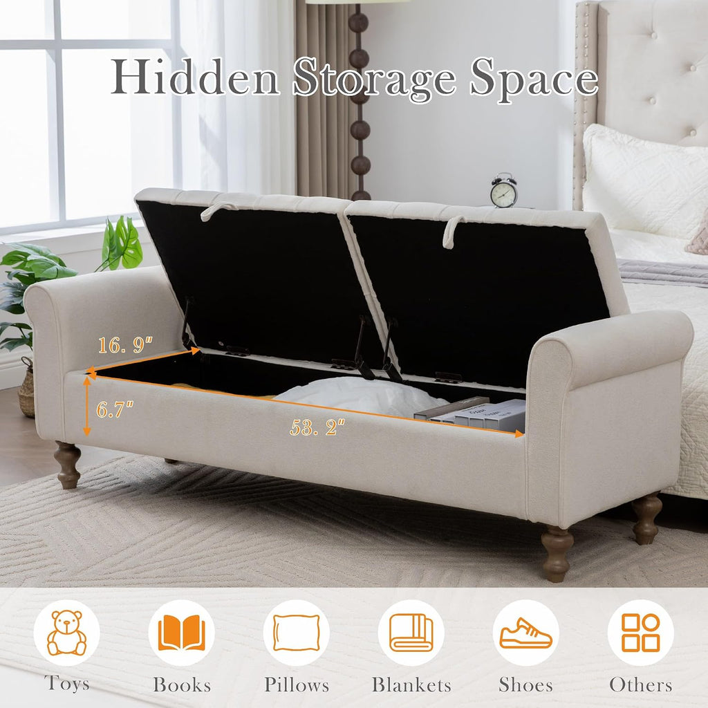 65.7" W Large Storage Ottoman Bench, King Size End of Bed Storage Bench with Wood Legs, Upholstered Window Bench