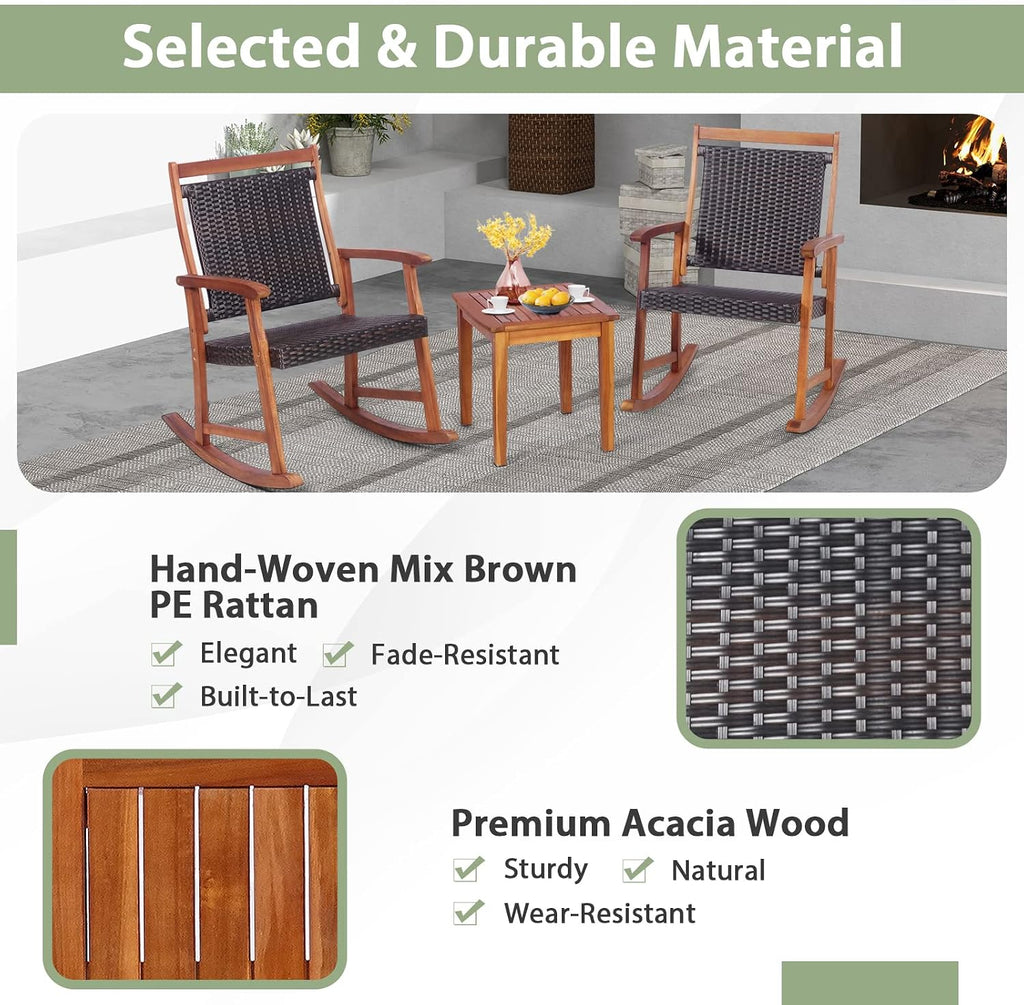 3 Pieces Rocking Bistro Set Acacia Wood Patio Rocking Chairs with Coffee Table, Rattan Wicker Rocking Conversation