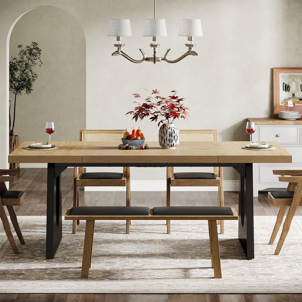 Large Dining Table for 6-8 People, 70.9-Inch Wood Rustic Rectangular Table with Black Wooden Legs, Farmhouse Center