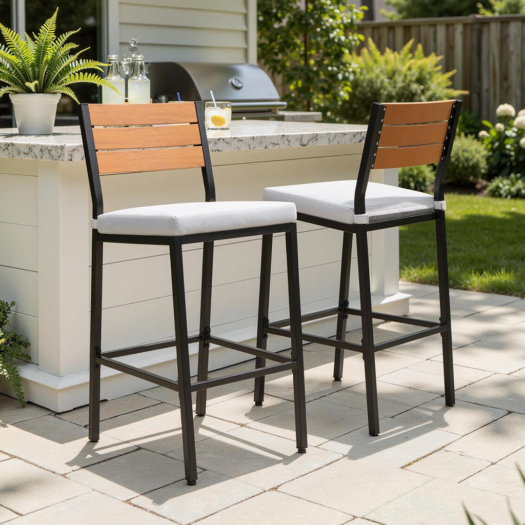 Outdoor Bar Stools Set of 4, Patio Counter Height Barstools with Cushions, Tall Chairs with Back and Footrest, Lawn