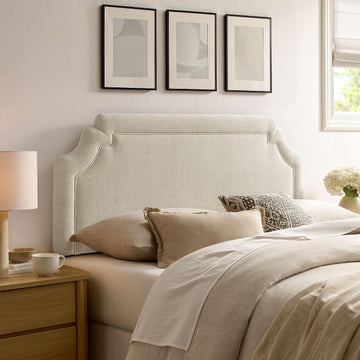Queen Upholstered Fabric Headboard in Ecru - Padded Cushioned Headboard with Woven Heathered Upholstery and