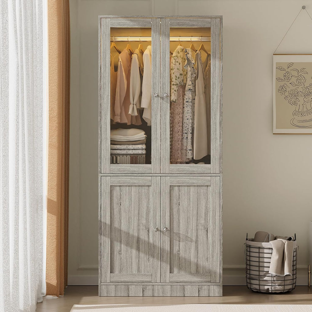 75" Tall Armoire Wardrobe Closet with 2 Glass Doors | Adjustable 3-color Lighting, Clothing Storage Cabinet with