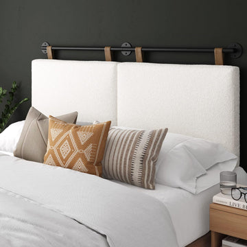 Wall Mount Hanging Upholstered Headboard, Queen, White Boucle with Brown Faux Leather Straps