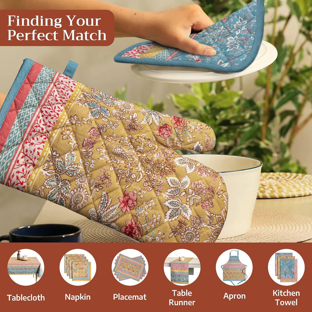 100% Cotton Oven Mitt & Pot Holder Set (7.5"x13" & 8"x8") | Heat Resistant BBQ Cooking Gloves with Loop Baking