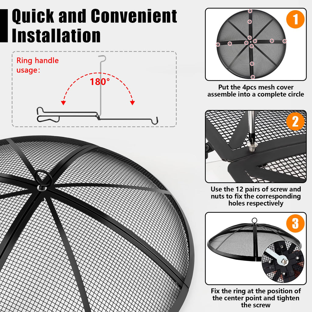 Fire Pit Spark Screen, Fire Pit Screen 36 Inch Round with Handle & Poker