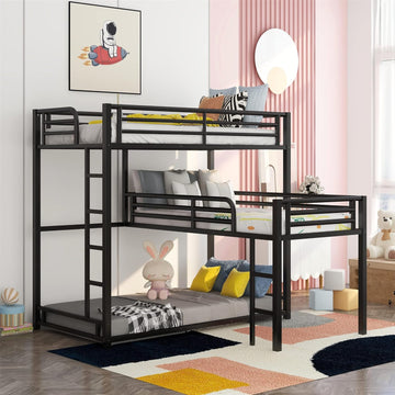 Metal Triple Bunk Bed Twin, L-Shaped Metal Triple Bunk Bed Frame, 3 Beds Bunk Bed for Kids Teens Adults - Black