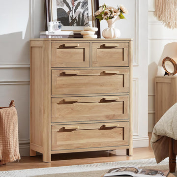 Farmhouse 5 Drawer Dresser , Vertical Dressers Chest of Drawers with 5 Deep Drawers & 4 Thickened Table Legs, Natural