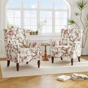 Floral Wingback Accent Chair with Wood Legs, Beige, Set of 2