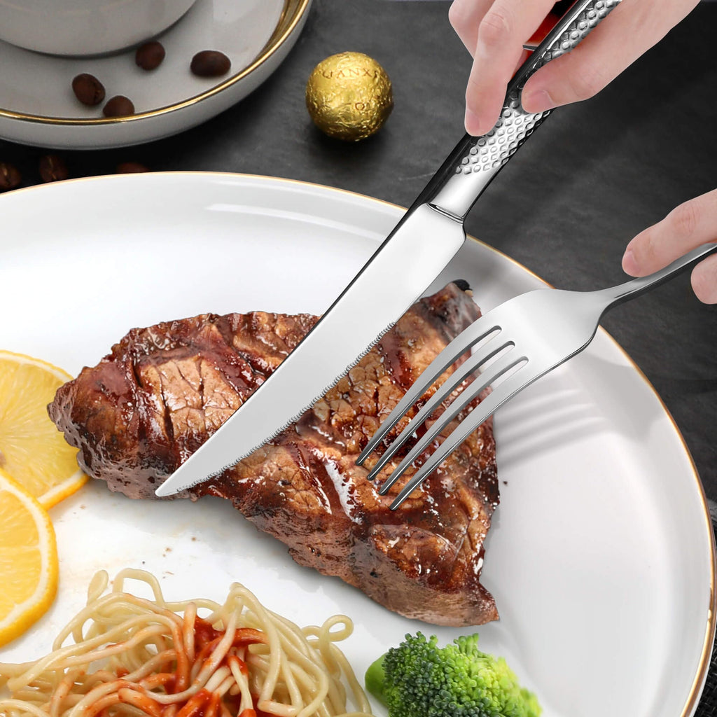 Hammered 30 Pieces Set Silverware Set for 6 with Serrated Forging Knives,18/10 Stainless Steel Modern Flatware