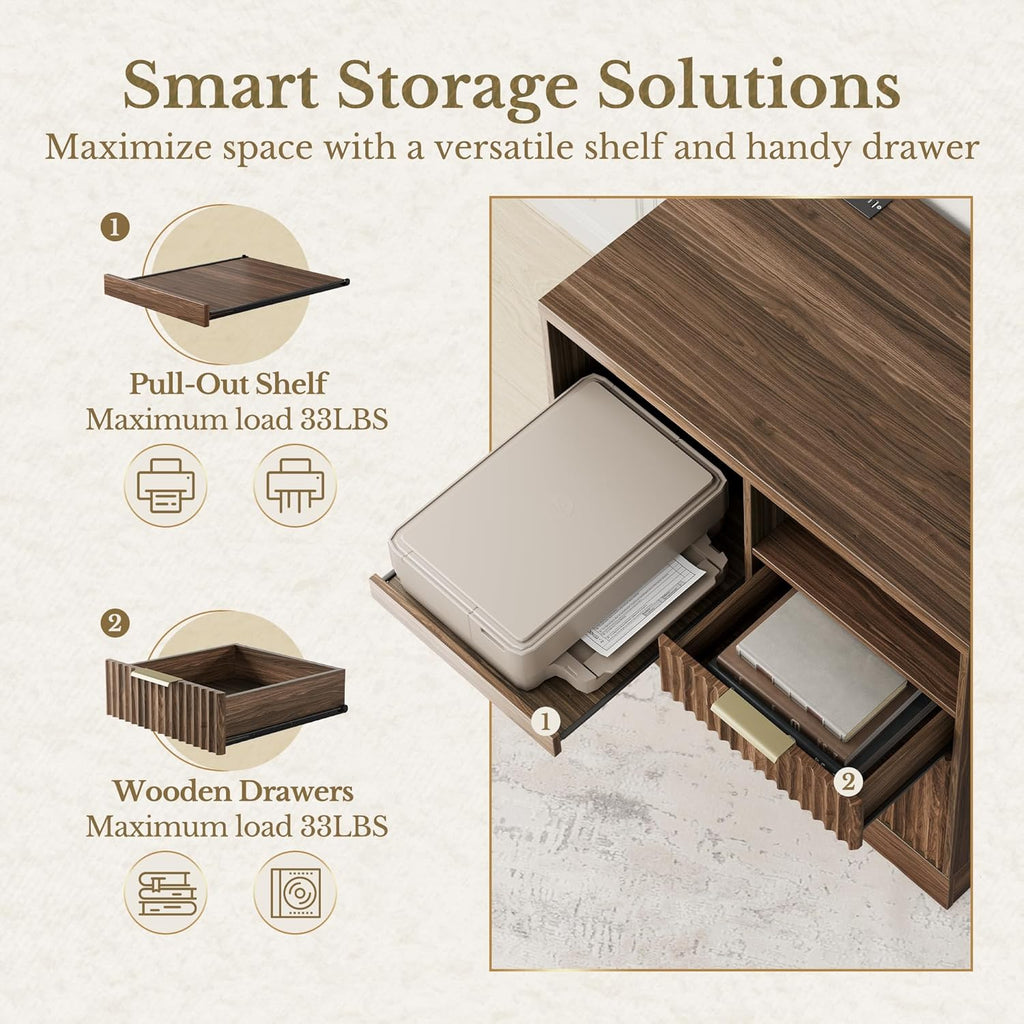 3 Drawer File Cabinet, Fluted Wood Lateral Filing Cabinet with Charging Station , Fits for A4/Letter-Sized Files
