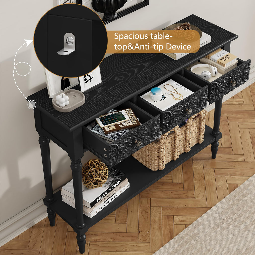 42" Carved Entryway Console Table with 3 Drawers, Black