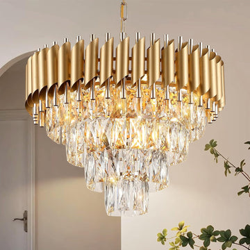 Modern Crystal Chandelier Gold 20 Inch, 4-Tier Raindrop Flush Mount Ceiling Light