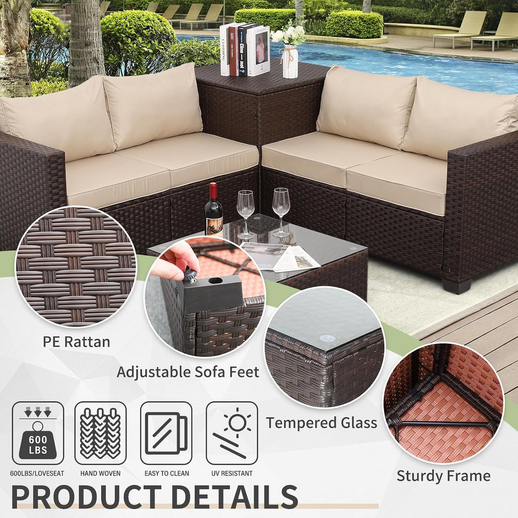 Patio Furniture Set 4 Piece Conversation Sets Brown Rattan Outdoor Couch Loveseat Wicker Sectional Sofa with Storage