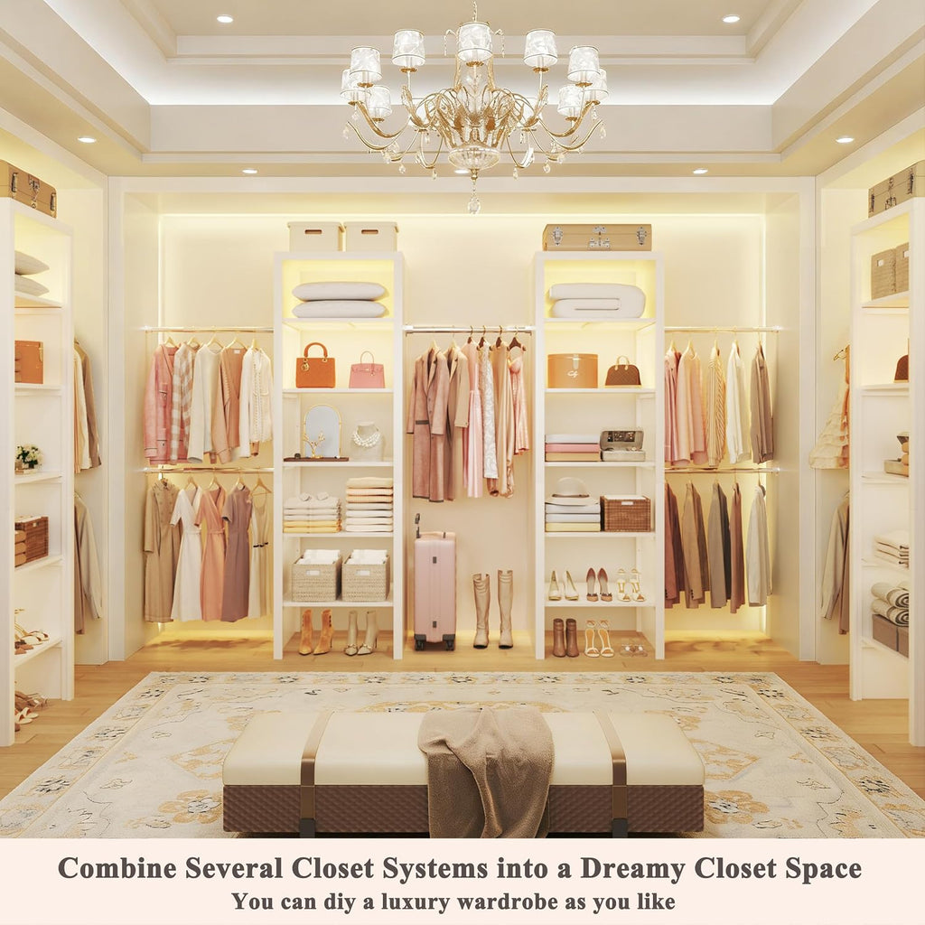 100'' Closet System with 4 Hanging Rods & LED Lights, 2-8 FT Wood Closet Organizer Systems with 5 Shelves, 6 Height