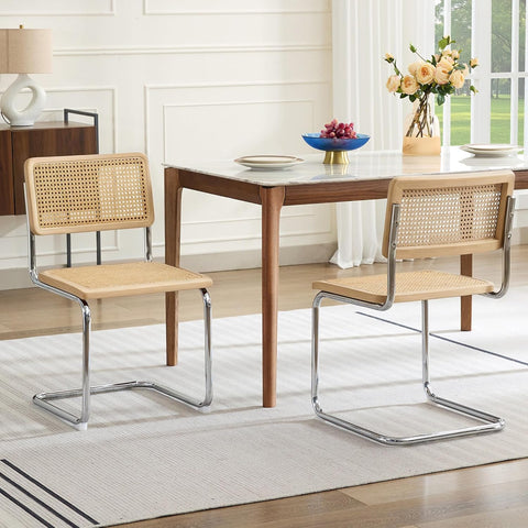 Rattan Cantilever Dining Chairs Set of 2, Boho Modern Dining Chairs with Rattan Back and Curved Steel Base for Kitchen or Living Room, Natural