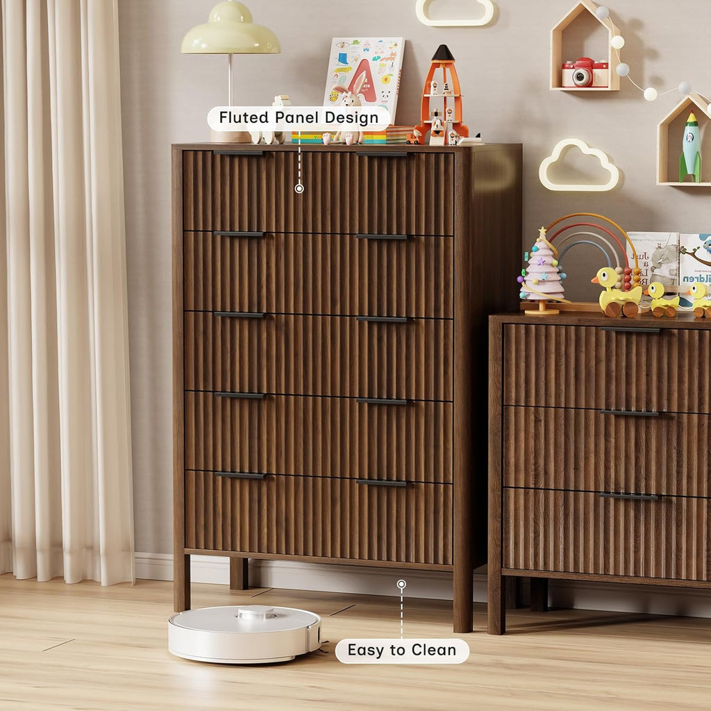 47 Inch Tall Dressers Fluted 5 Drawer Dresser, Wooden Dresser Modern Chest of Drawers Dressers with Organizer Storage