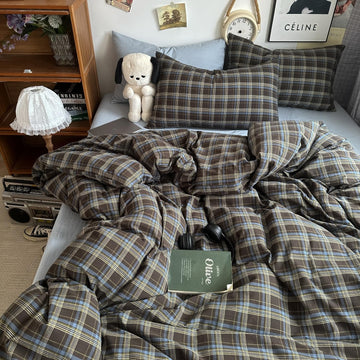 Buffalo Plaid Duvet Cover Set 100% Washed Cotton Natural Linen Like Super Soft Comfy 3 Piece Brown Blue Gingham