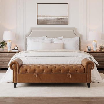 67 Inch Faux Leather Storage Bench with Rolled Arms, Chesterfield Tufted Ottoman Bench with Nailhead Trim