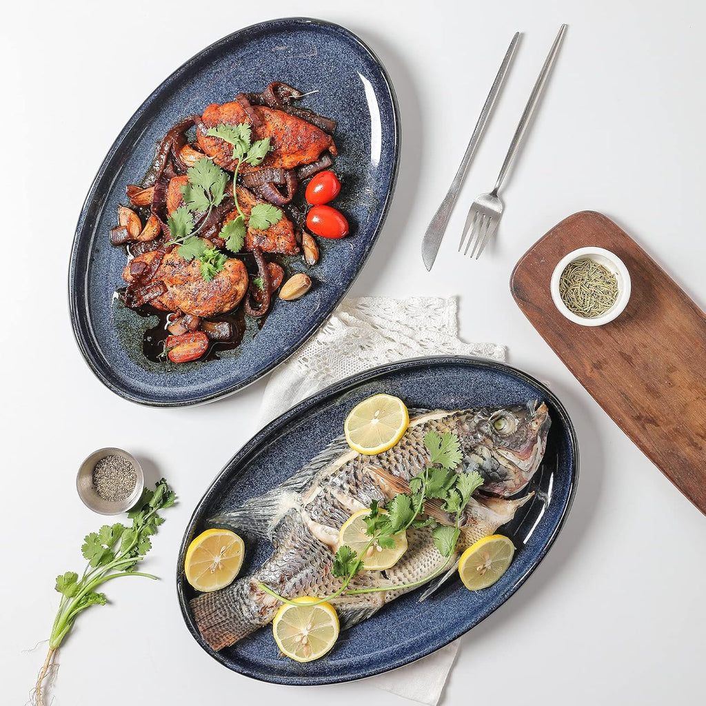 Serving Platter Ceramic Tray Plates Extra Large Oval 14.5 Inch Porcelain Dinner Plates Long Serving Dish Set