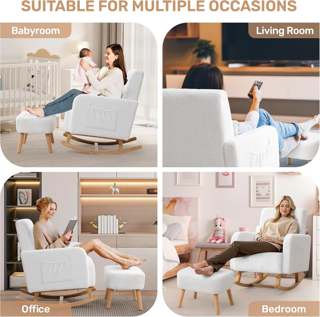 Rocking Chair with Ottoman, Upholstered Glider Rocker with High Backrest and Side Pocket, Comfy Reading Chair with