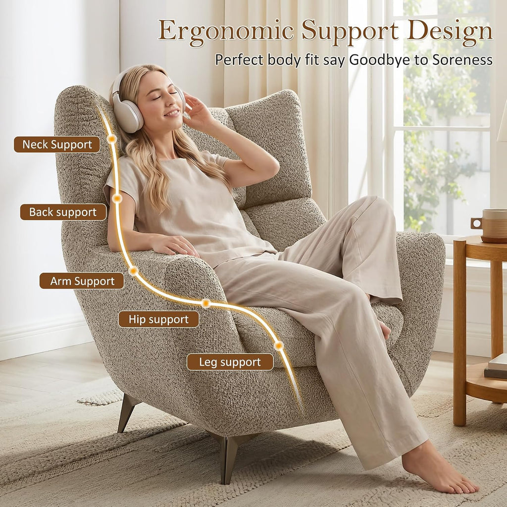 34.6" Oversized Accent Chair with WingBack, Teddy Boucle Camel | High Back, Wide Armrests, Metal Legs, Cozy Deep Seat