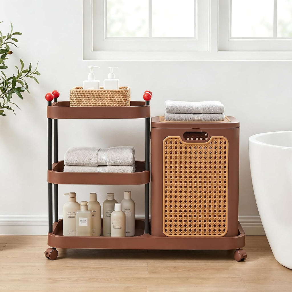 Rattan-Style Rolling Laundry Hamper Cart, 3-Tier Storage Shelf with Wheels, Foldable Plastic Laundry Basket with Lid