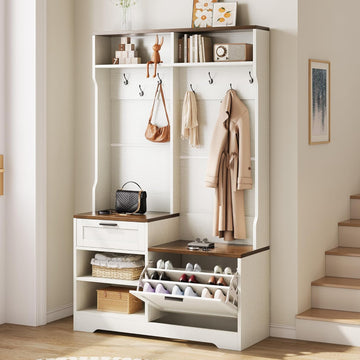 Hall Tree with Bench and Shoe Storage, 6-in-1 Entryway Coat Rack with Flip Drawer Shoe Cabinet, 7 Hooks, 4 Storage