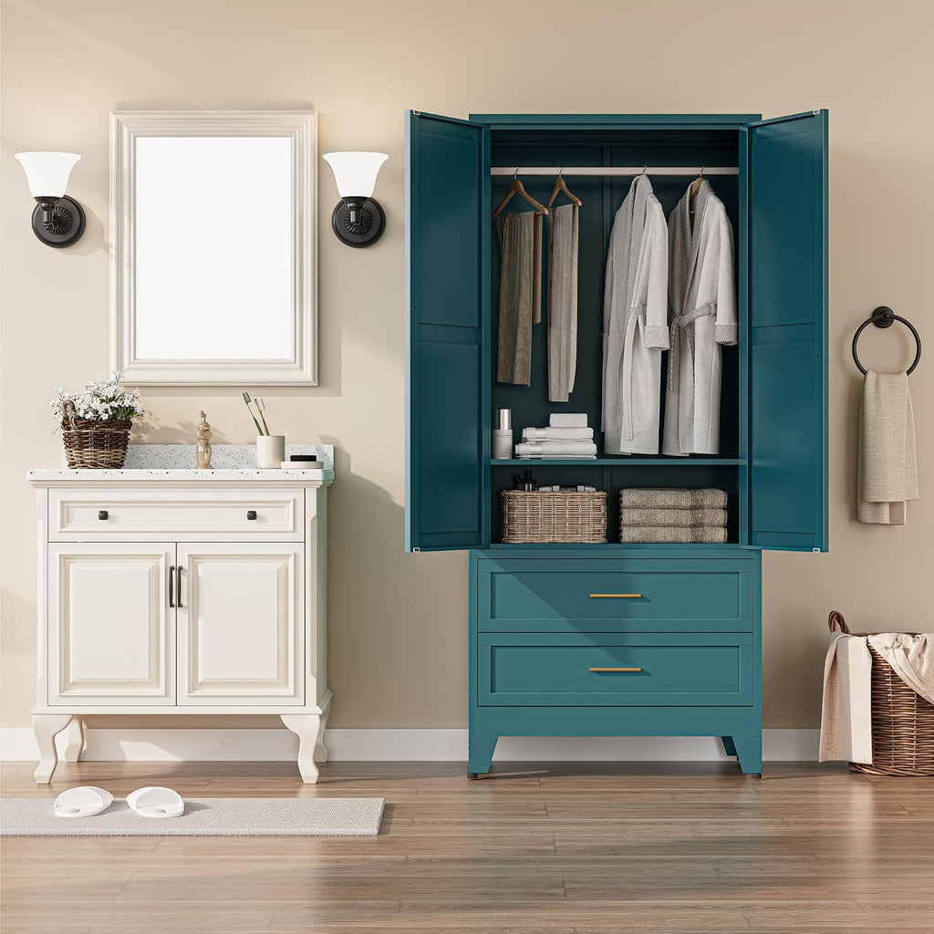 Metal Armoire Wardrobe Closet, Bedroom Armoires with Drawers | 71'' Metal Wardrobe Cabinet with 2 Doors and 2