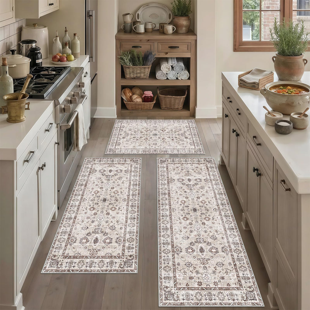 Kitchen Mat 3PC Washable Runner Soft Kitchen Rug Set of 3 Beige