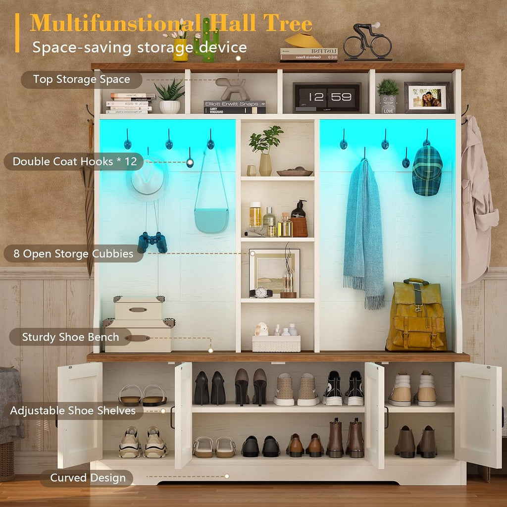 Hall Tree with Bench and Shoe Storage, Farmhouse Entryway Bench with Coat Racks and Led Lights, Large Hall Tree with