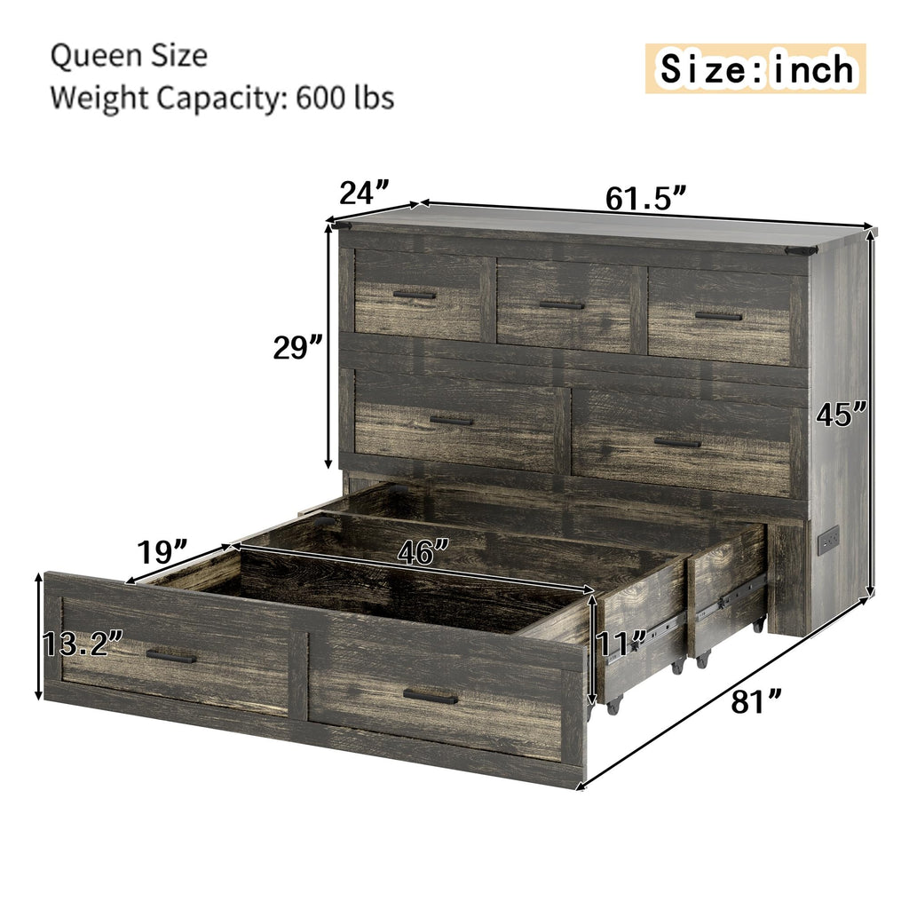 Queen Size Murphy Bed, Cabinet Bed with Charging Station, Multi-Functional Foldable Platform Bed with 1 Large Storage