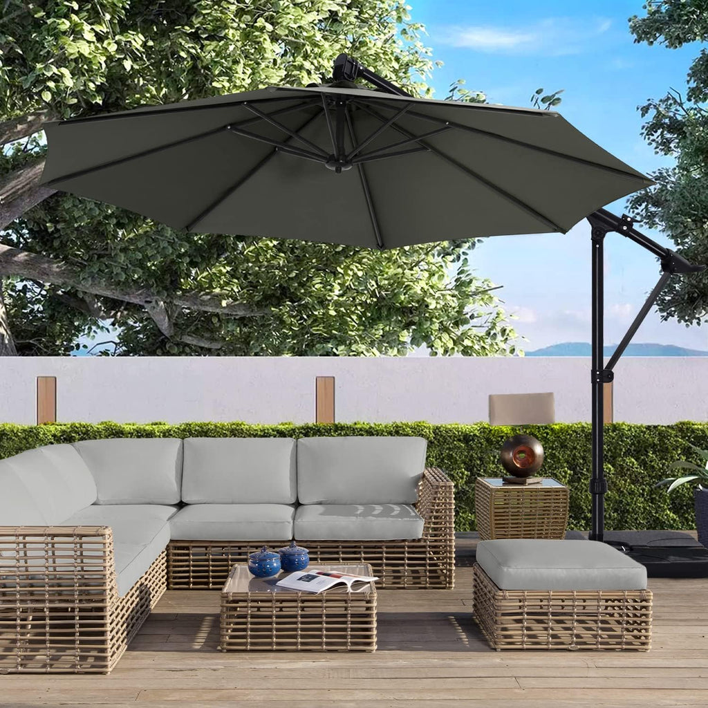 10FT Cantilever Patio Umbrella with Base Stand, Offset Hanging Outdoor Umbrella