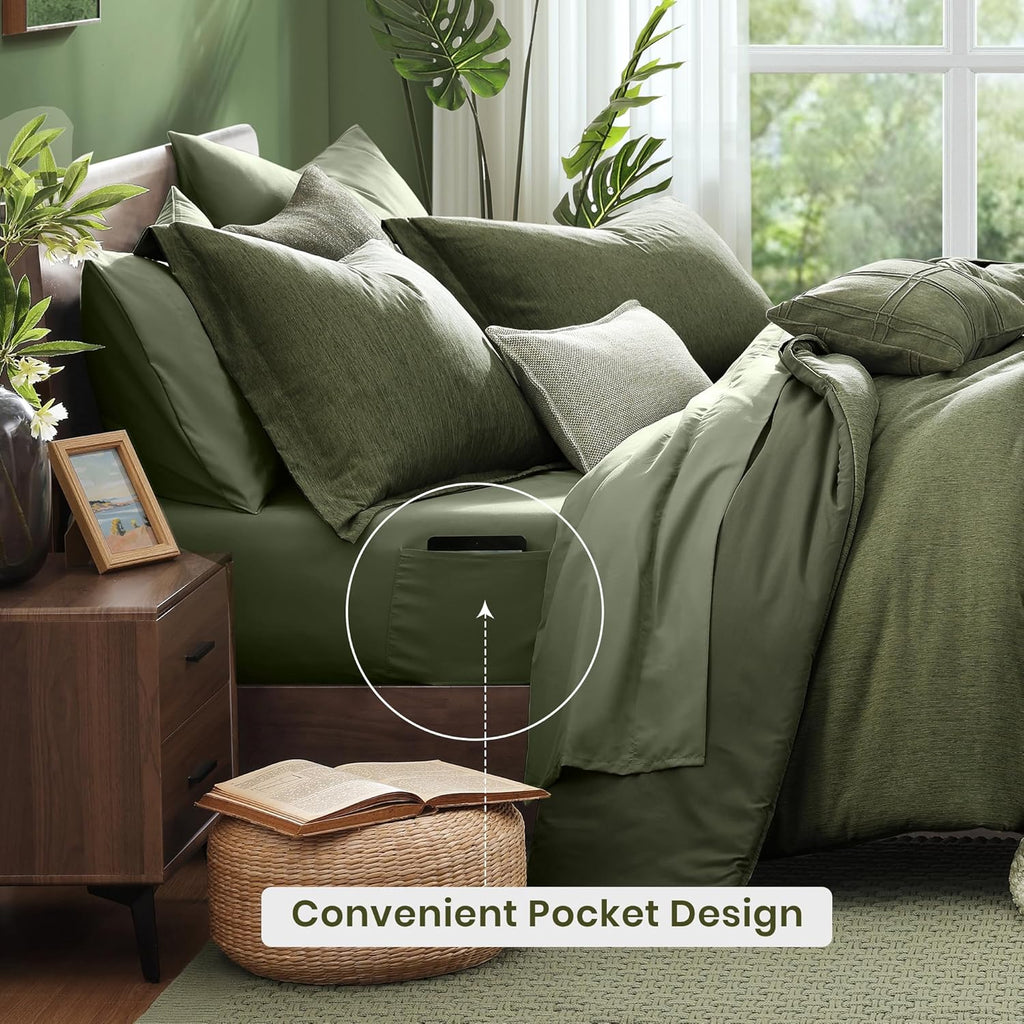 Comforter Set, Olive Green Bed Set Reversible, Comforter Set 7 Pieces