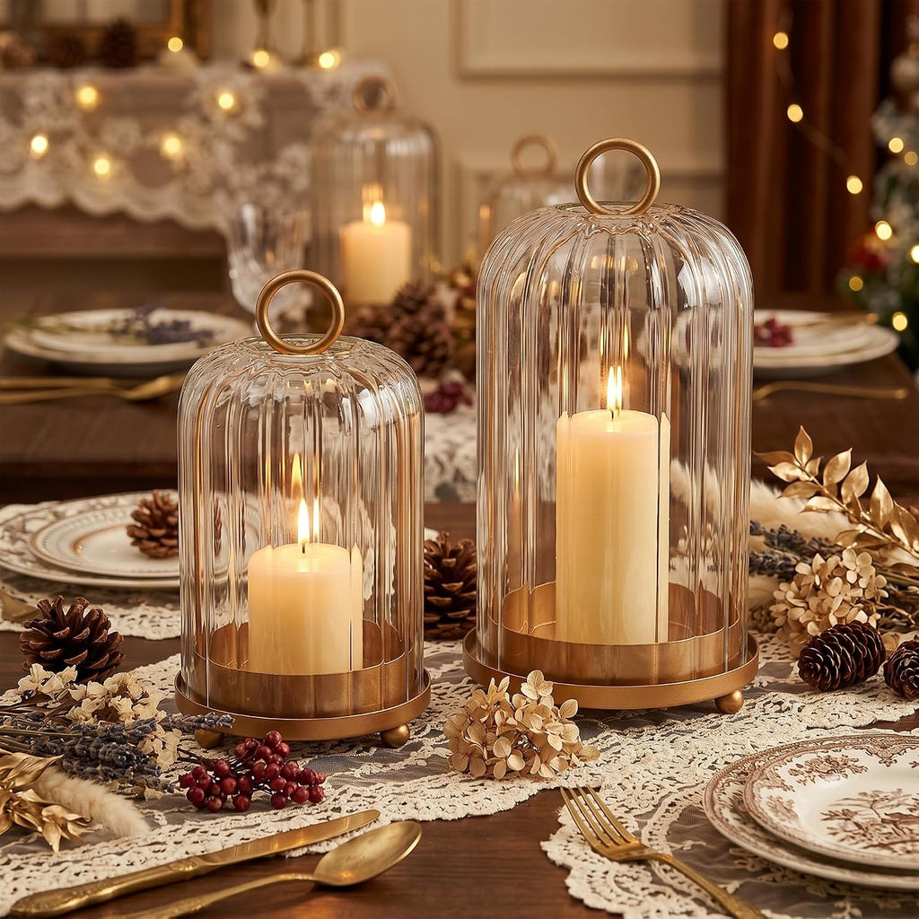 Vintage Brass Metal Candle Lantern with Ribbed Thick Glass Dome - Set of 2 Shabby Chic Style Candle Holders