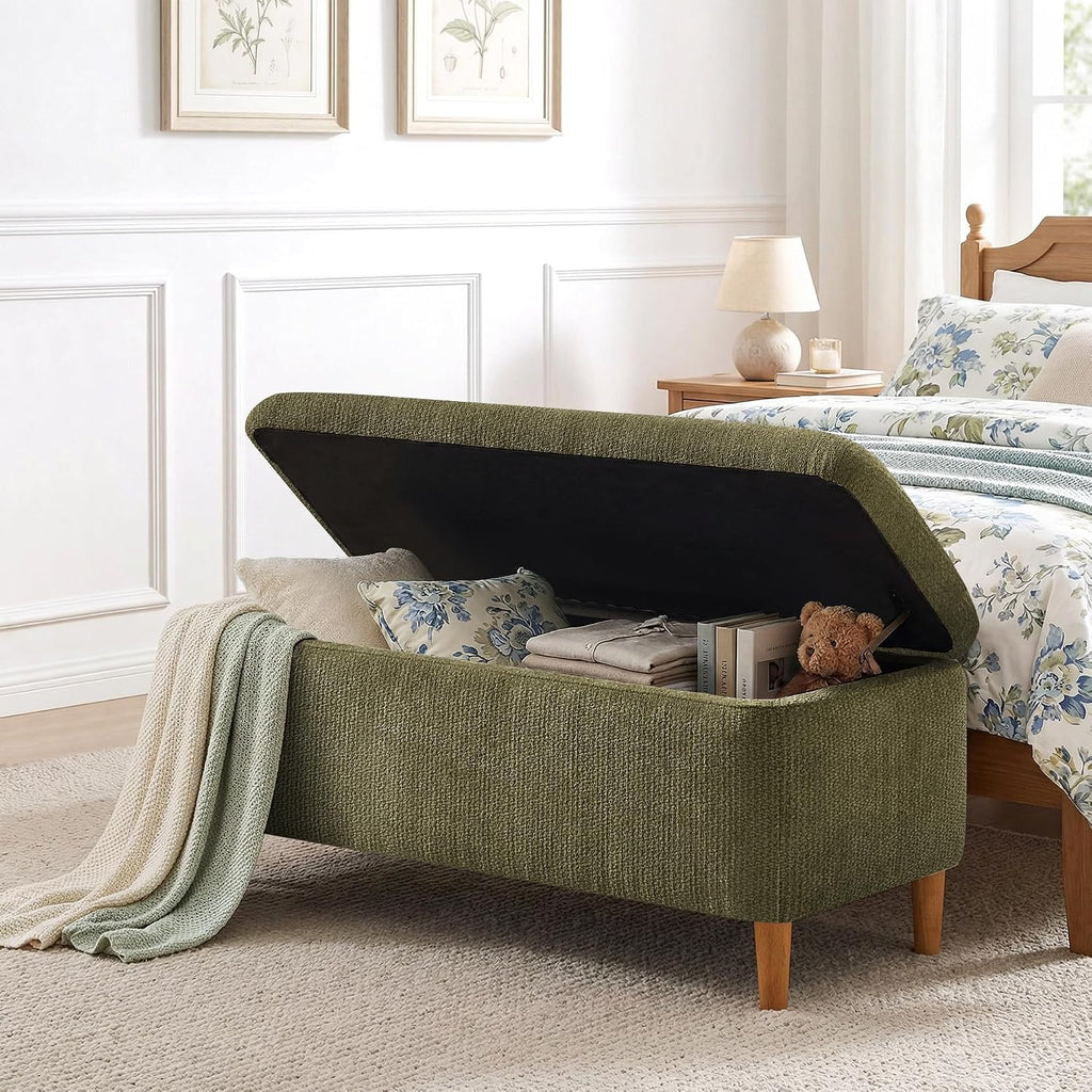 39.4" Ottoman with Storage Upholstered Storage Bench | Modern Fabric End of Bed Bench Footstool with Wooden Legs