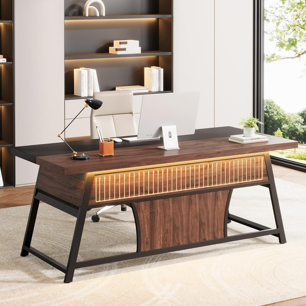 63-inch Executive Desk with Storage Shelf, Large Home Office Desk with Metal Frame & LED Light, Long Computer Desks