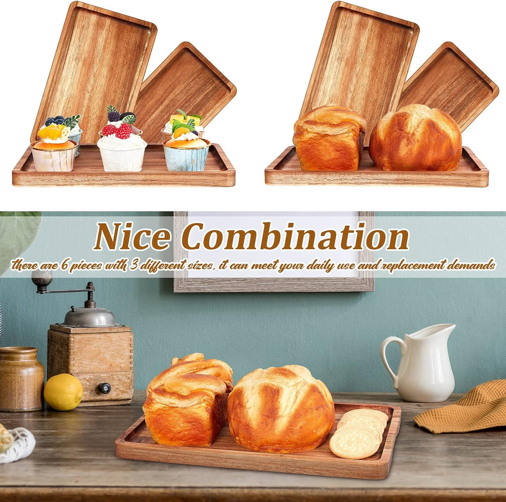 6 Pcs Acacia Wood Serving Trays Wooden Plates for Food 3 Sizes Rectangular Serving Platter Set Natural Wooden Boards